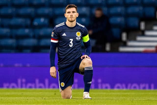 Scotland captain Andy Robertson takes the knee before the Nations League match against Israel last September. Picture: Craig Williamson/SNS