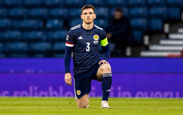 Scotland captain Andy Robertson takes the knee before the Nations League match against Israel last September. Picture: Craig Williamson/SNS