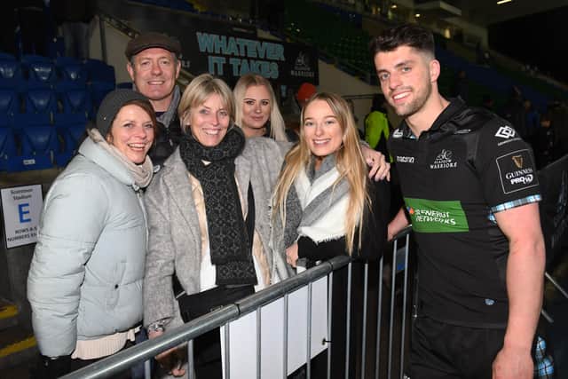 Adam Hastings with friends and family, including dad Gavin and mum Diane, during his first season at Glasgow. Picture: Gary Hutchison/SNS