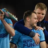 Ryan Fraser is embraced by Newcastle boss Eddie Howe after the recent 2-1 win over Southampton.  (Photo by Mike Hewitt/Getty Images)