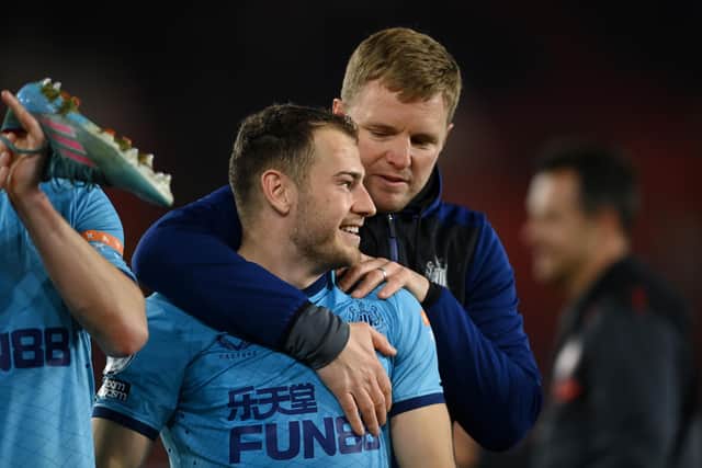 Ryan Fraser is embraced by Newcastle boss Eddie Howe after the recent 2-1 win over Southampton.  (Photo by Mike Hewitt/Getty Images)