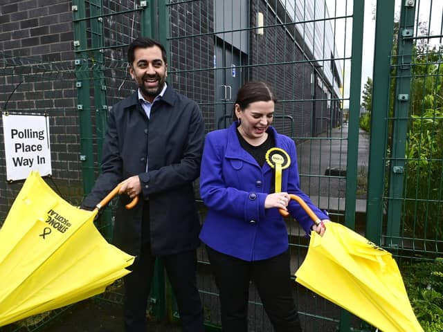 SNP leader Humza Yousaf  joins the SNP candidate for the Rutherglen and Hamilton West by-election, Katy Loudon, in Cambuslang on Thursday. Picture: John Devlin