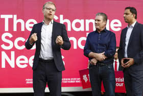 Labour Party leader Keir Starmer joined Scottish Labour leader Anas Sarwar and MP-elect Michael Shanks to celebrate the latter's victory in the Rutherglen and Hamilton West by-election (Picture: Jeff J Mitchell/Getty Images)