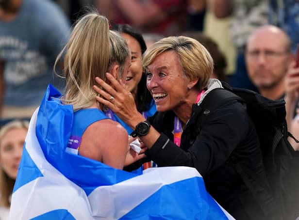 Scotland’s Eilish McColgan celebrates with her mother Liz McColgan after winning the Women's 10,000m Final at Alexander Stadium on day six of the 2022 Commonwealth Games in Birmingham. Picture date: Wednesday August 3, 2022.