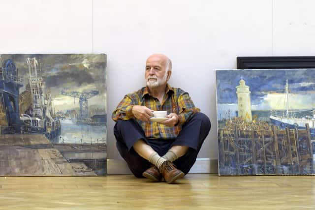 Pre-eminent Scottish marine artist James Watt (75) sits with two of his works