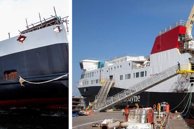 MV Glen Sannox on Tuesday compared to January 2020 showing repaired funnel, newly-constructed mast and fresh paint. Pictures: Andrew Cawley, Mark Gibson