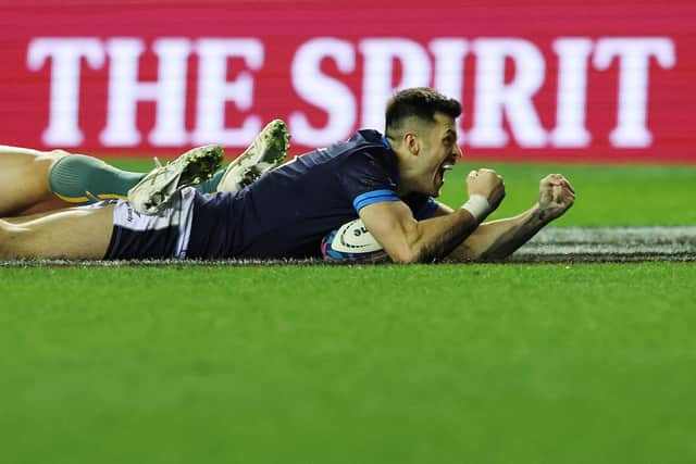 That's the spirit ... Blair Kinghorn celebrates his stunning try.