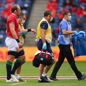 Lions captain Alun Wyn Jones leaves the field with a shoulder injury during the 1888 Cup match between the British & Irish Lions and Japan at BT Murrayfield.