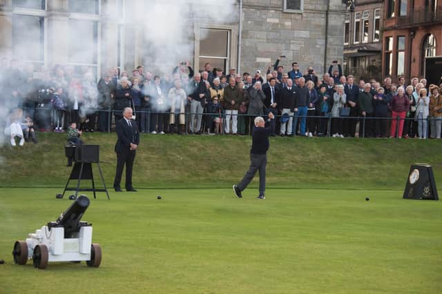 Peter Forster drives in as the new captain of The Royal and Ancient Golf Club of St Andrews on the first tee of the Old Course. Picture: Alan Richardson Pix-AR.co.uk
