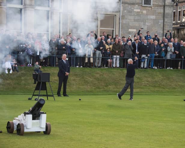 Peter Forster drives in as the new captain of The Royal and Ancient Golf Club of St Andrews on the first tee of the Old Course. Picture: Alan Richardson Pix-AR.co.uk