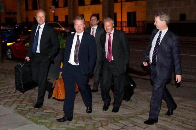 Craig Whyte (2nd left) in Edinburgh on May 6, 2011 after completing his purchase of Rangers from Sir David Murray for £1. With Whyte are (from left) Phil Betts, William Lee, David Grier and Gary Withey. (Photo by Sammy Turner/SNS Group).