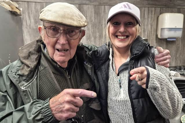 David McDonald, 96, says that the Drumtassie fishery, managed by Leeanne Aitchison, right, is one of the friendliest angling venues he has come across in over 80 years of fishing. Picture Nigel Duncan