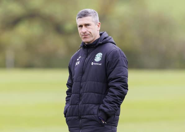 Hibs manager Nick Montgomery during a training session on Friday. (Photo by Mark Scates / SNS Group)