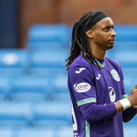 Hibs substitute Jair Tavares applauds the travelling fans at full time after making his first appearance of the season in the 2-2 draw at Kilmarnock. (Photo by Roddy Scott / SNS Group)