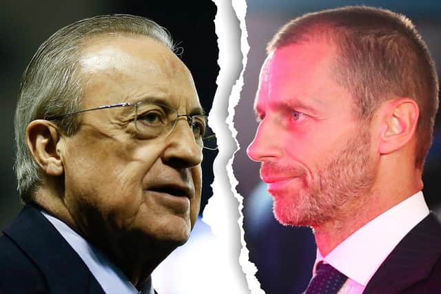 Real Madrid president Florentino Perez and Uefa president Aleksander Čeferin (Graphic: Mark Hall / JPI Media)