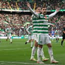 Celtic's Josip Juranovic celebrates his penalty strike that sealed a comfortable 2-0 win for Celtic in their home encounter with  St Johnstone. (Photo by Alan Harvey / SNS Group)