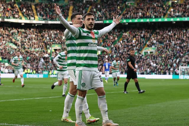 Celtic's Josip Juranovic celebrates his penalty strike that sealed a comfortable 2-0 win for Celtic in their home encounter with  St Johnstone. (Photo by Alan Harvey / SNS Group)