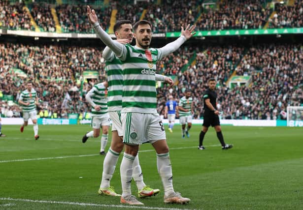 Celtic's Josip Juranovic celebrates his penalty strike that sealed a comfortable 2-0 win for Celtic in their home encounter with St Johnstone. (Photo by Alan Harvey / SNS Group)