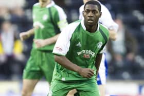 Patrick Noubissie, in action for Hibs in 2007, whose son Tyrese has joined Manchester City in a £1m transfer at the age of just 14.