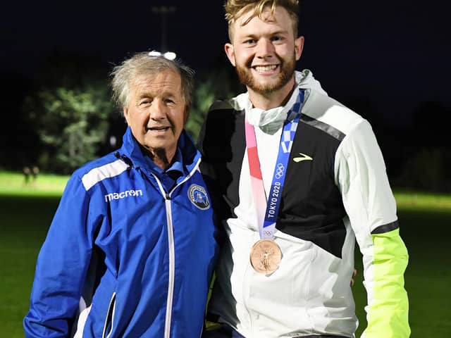Josh Kerr with his first ever athletics coach, Eric Fisher. Picture: Gary Leek