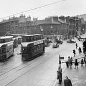 Trams at the Tramway junction at Tollcross in Edinburgh, around 1952.