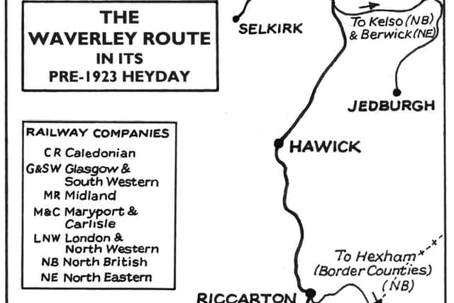 The Waverley Route showing the line crossing and re-crossing the Border south of Riddings Junction. Map: Alan Young, in Waverley Route - The battle for the Borders Railway by David Spaven. Reproduced with permission.