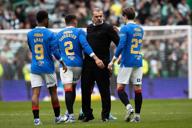 Celtic manager Ange Postecoglou shakes hands with Rangers' Scott Wright and James Tavernier following last weekend's derby. If they go on to win the league as his team snare the title he believes the presence of both in the Champions League next season would reflect well on the Scottish top flight. (Photo by Craig Williamson / SNS Group)