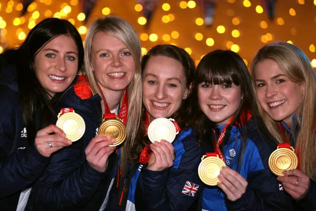 Curling Olympic gold medalists, from left, Eve Muirhead, Vicky Wright, Jennifer Dodds, Hailey Duff and Milli Smith.