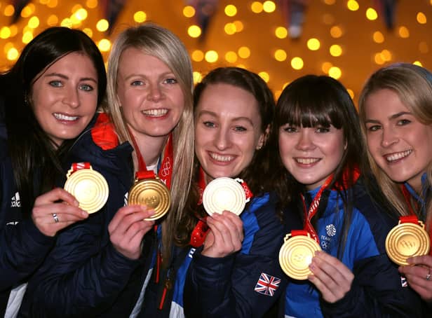 Curling Olympic gold medalists, from left, Eve Muirhead, Vicky Wright, Jennifer Dodds, Hailey Duff and Milli Smith.