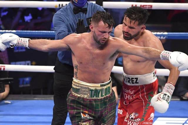 Josh Taylor and Jose Ramirez exchange words during their world unification title fight in Las Vegas. Taylor won by unanimous decision picture: by David Becker/Getty Images