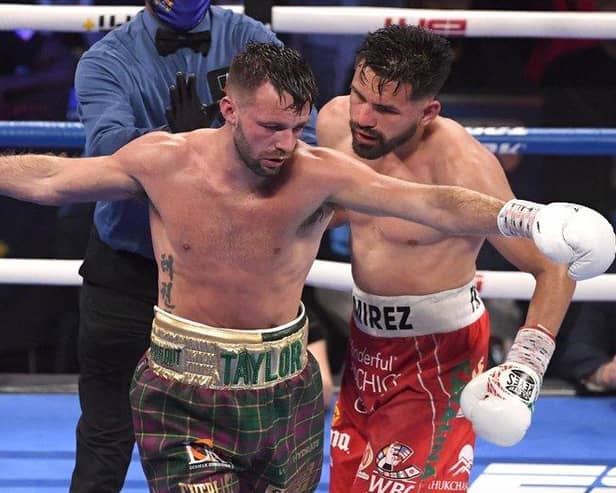 Josh Taylor and Jose Ramirez exchange words during their world unification title fight in Las Vegas. Taylor won by unanimous decision picture: by David Becker/Getty Images