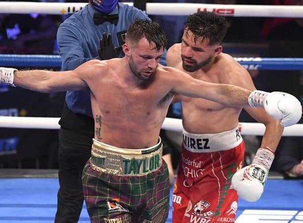 Josh Taylor and Jose Ramirez exchange words during their world unification title fight in Las Vegas. Taylor won by unanimous decision picture: by David Becker/Getty Images