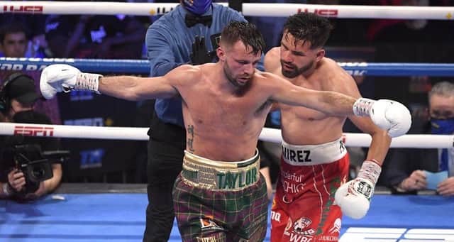 Josh Taylor and Jose Ramirez exchange words during their world unification title fight in Las Vegas. Taylor won by unanimous decision picture: by David Becker/Getty Images