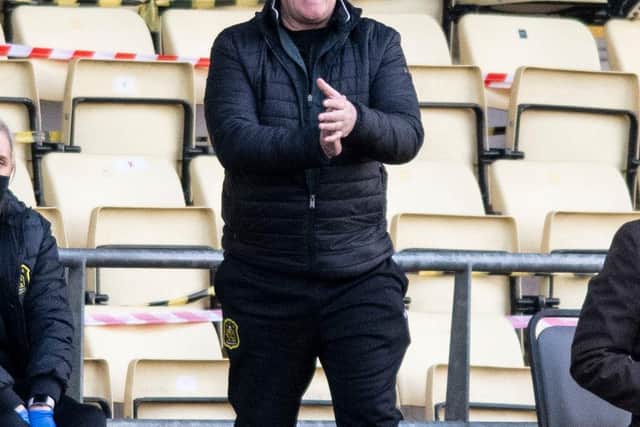 DUMBARTON, SCOTLAND - MAY 11: Dumbarton manager Jim Duffy during a Scottish League One play-off semi final second leg match between Dumbarton and Stranraer at C&G Systems Stadium, on May 11, 2021, in Dumbarton, Scotland. (Photo by Mark Scates / SNS Group)