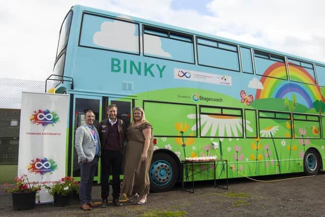 A-ND CEO Billy Alexander, Liam Kerr MSP and A-ND Services Manager for Binky and Outreach Support Francesca Read.