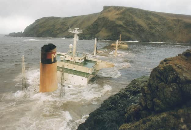 The Liberian tanker Braer hit rocks on the Shetland coast during a hurricane-force storm in January 1993, spilling 85,000 tonnes of crude oil into the sea