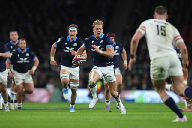 There's no stopping Scotland's Duhan van der Merwe as he breaks with the ball to score his World Rugby Try of the Year in the win over England at Twickenham in February. (Photo by David Rogers/Getty Images)