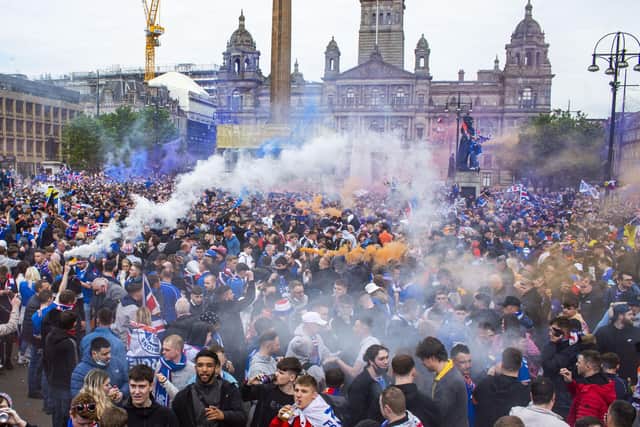 Rangers fans gathered at George Square after Rangers lift The SPFL Premier League Cup on the last day of the season on Saturday.