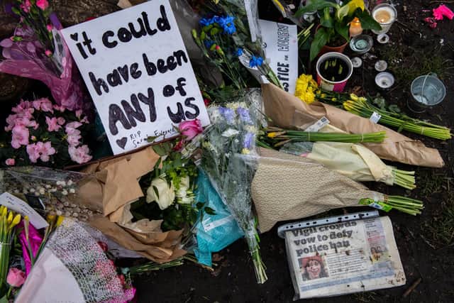 Floral tributes left at Clapham Common bandstand where people continue to pay their respects to Sarah Everard. Picture: Chris J Ratcliffe/Getty Images