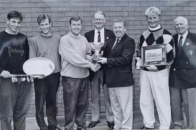 Winnner Alan Reid, third left, with other members in the East of Scotland Open presentation party at Lundin Golf Club in 1994.  Picture: Lundin Golf Club