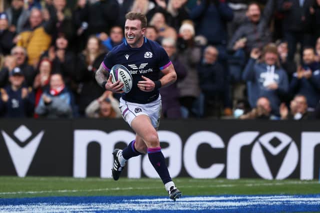Stuart Hogg celebrates his try against Japan which broke the Scottish record.  (Photo by Craig Williamson / SNS Group)