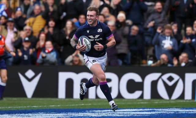 Stuart Hogg celebrates his try against Japan which broke the Scottish record.  (Photo by Craig Williamson / SNS Group)