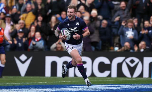 Stuart Hogg celebrates his try against Japan which broke the Scottish record. (Photo by Craig Williamson / SNS Group)