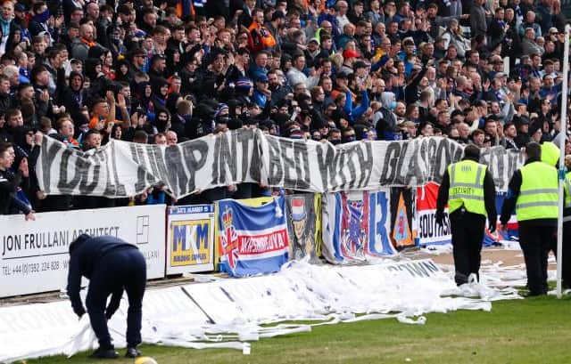Rangers fans again protested against the scheduled Sydney Super Cup friendly match against Celtic in November before and during last Sunday's league game against Dundee at Dens Park. (Photo by Alan Harvey / SNS Group)