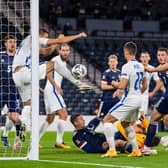 Andrew Considine, who was making his international debut aged 33, is involved in the action as Scotland host Slovakia in their Nations League fixture (Photo by Alan Harvey / SNS Group)
