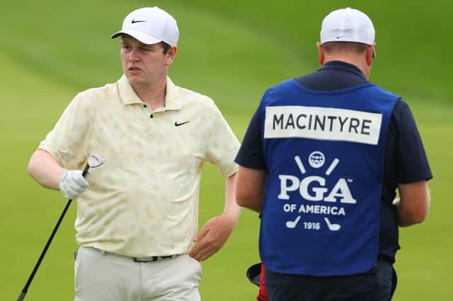 Bob MacIntyre and his caddie, Mike Burrow, prepare for a shot on the 18th hole during the final round of the 2024 PGA Championship at Valhalla Golf Club in Louisville, Kentucky. Picture: Andrew Redington/Getty Images.