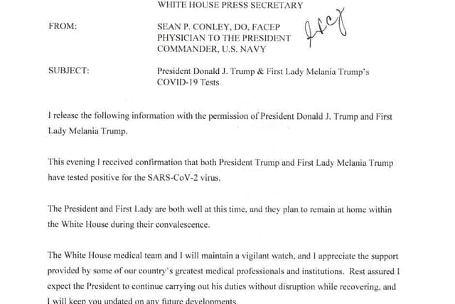 The letter from Donald Trump's physician confirming the positive Covid-19 test result.