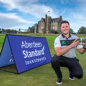 Dunbar's Neil Fenwick shows off the trophy for topping the Tartan Pro Tour Order of Merit to secure a spot in next week's Aberdeen Standard Investments Scottish Open at The Renaissance Club. Picture: Kenny Smith