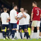 Norway's Kristoffer Ajer chats with former Celtic team-mates Ryan Christie and Greg Taylor at the end of the 3-3 draw with Scotland that brought a return to Hampden for the centre-back and stirred many memories of his days with the Scottish club. (Photo by Paul Devlin / SNS Group)