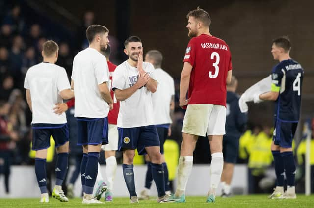 Norway's Kristoffer Ajer chats with former Celtic team-mates Ryan Christie and Greg Taylor at the end of the 3-3 draw with Scotland that brought a return to Hampden for the centre-back and stirred many memories of his days with the Scottish club. (Photo by Paul Devlin / SNS Group)